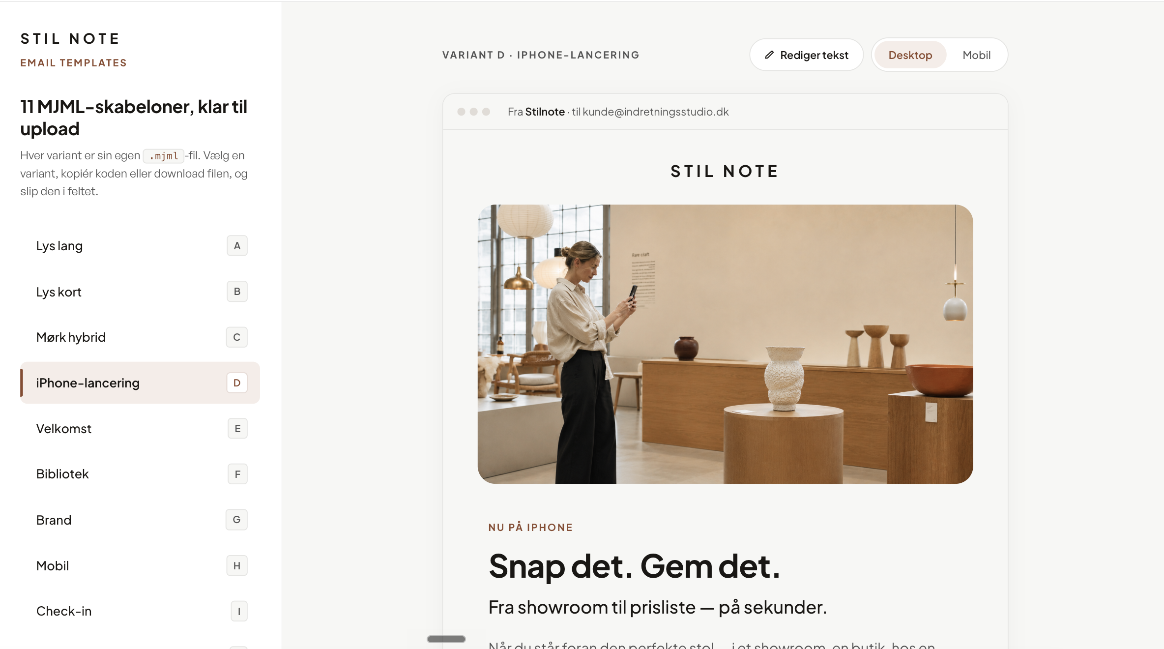 Stilnotes email-templates i Claude Design — sidebar med varianter til venstre og preview af iPhone-lancerings-mailen til højre