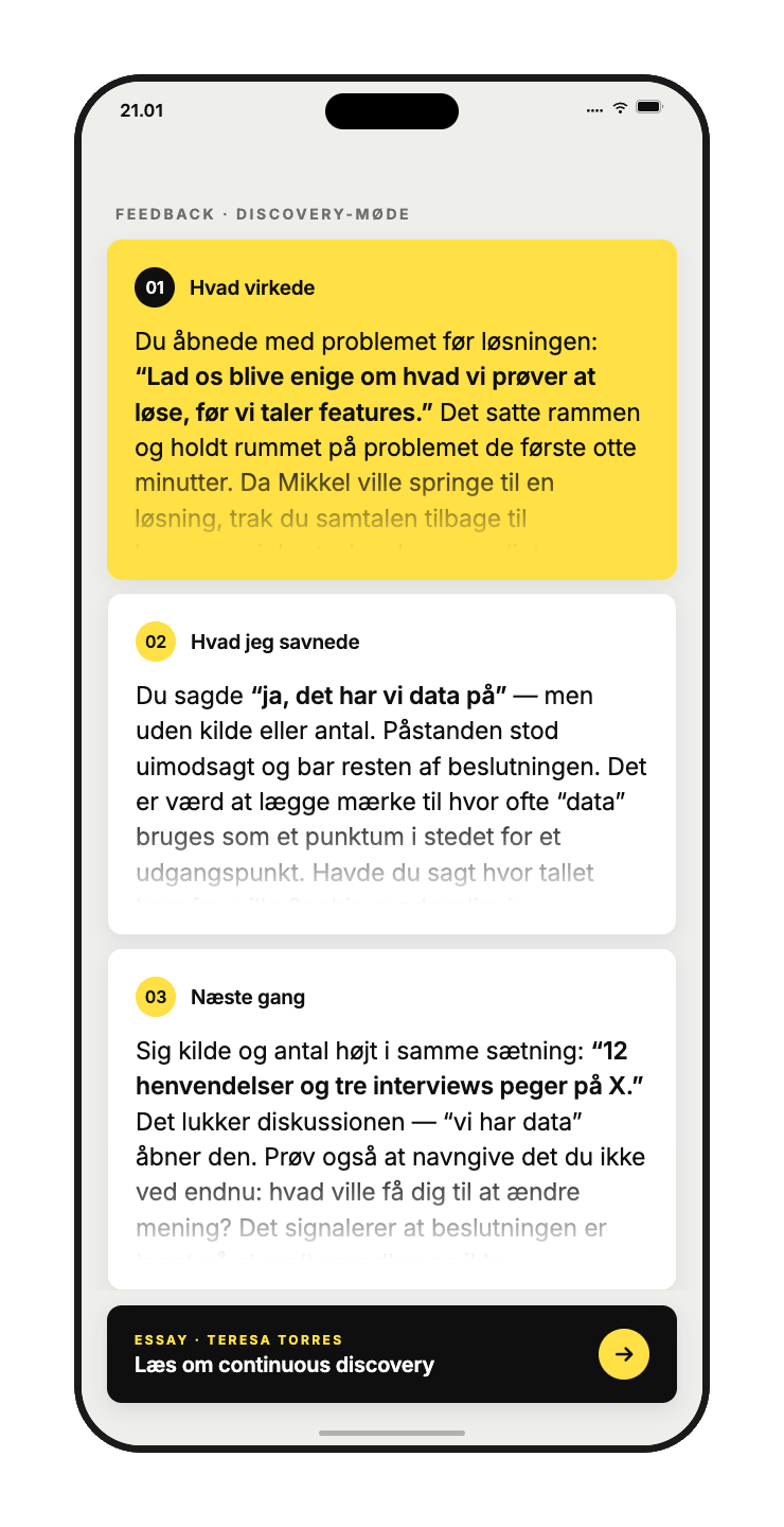 lyt. app, konkret feedback med citater fra mødet